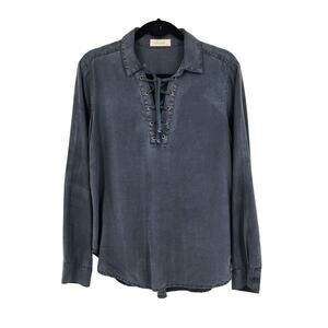 Bella Dahl Lace Up Long Sleeve Collared Chambray Tencel Top Size Medium